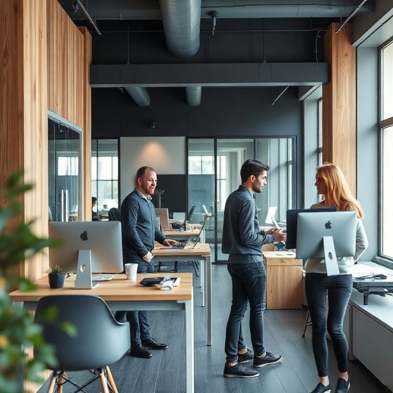 Kleines Classmentor-Team in einem Hamburger Büro mit Slate- und Holz-Interieur
